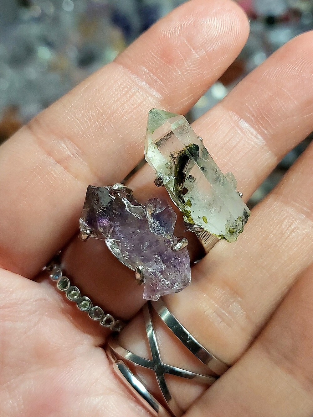 🪨⚒️ LG Duel Specimen Triple Terminated Amethyst & Matrix Tourmaline Copper Ring